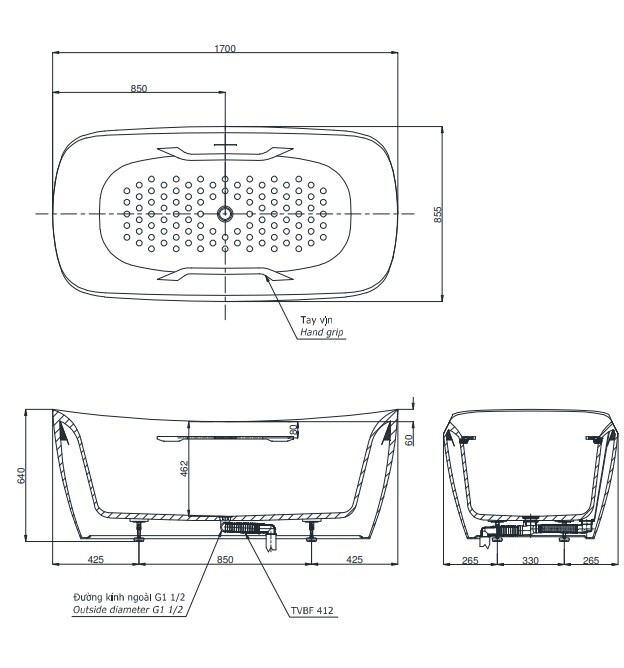 Bản vẽ bồn tắm PJY1734PWEN màu GW TOTO