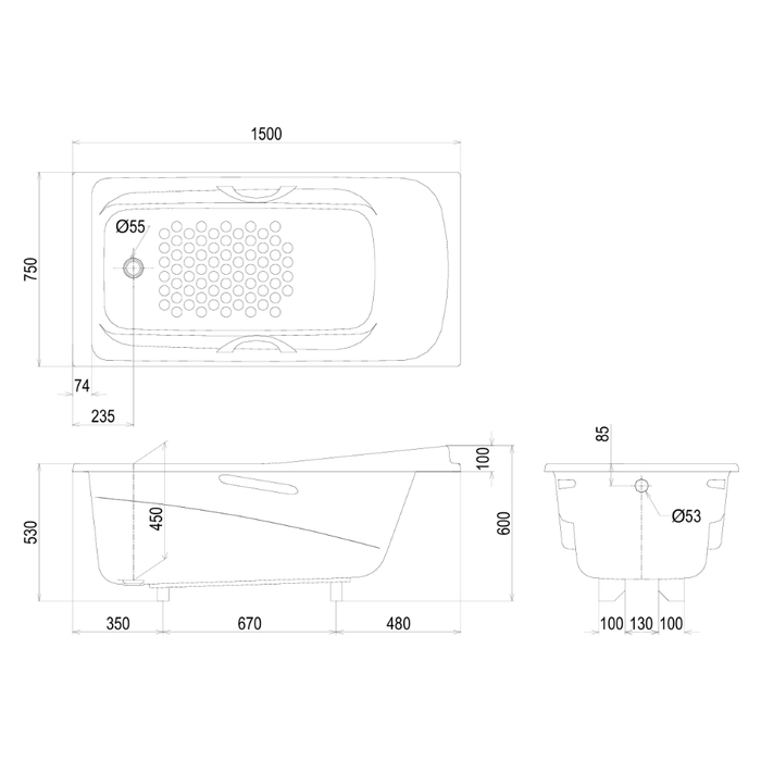 Bản vẽ kỹ thuật bồn tắm xây 1m5 có tay vịn và ống thải TOTO PPY1560HPE#P TVBF412 DB505R-2B