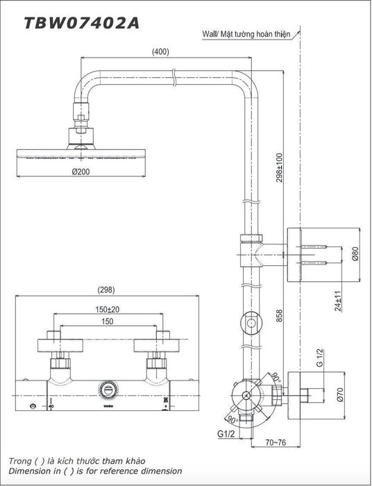 Bản vẽ kỹ thuật vòi sen tắm đứng điều chỉnh nhiệt độ dòng G TOTO TBW07402A