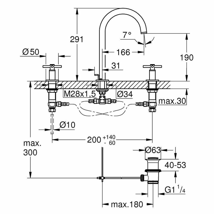 Bản vẽ kỹ thuật vòi chậu nóng lạnh Atrio 3 lỗ Grohe 20008003