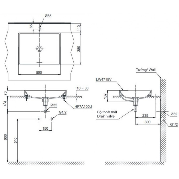 Bản vẽ chậu rửa mặt TOTO LT 4715 G19