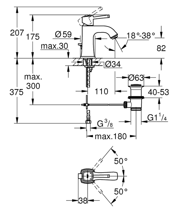Bản vẽ kỹ thuật vòi chậu nóng lạnh Grandera M-Size GROHE 23303IG0