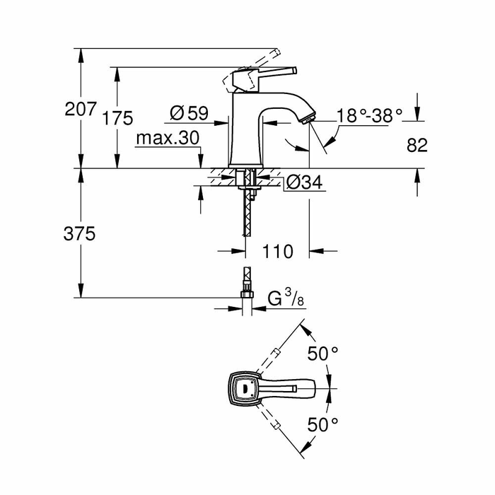 Bản vẽ kỹ thuật vòi chậu nóng lạnh Grandera GROHE 23310000