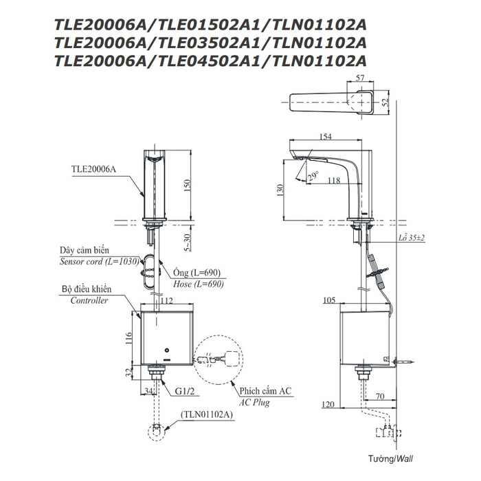 Bản vẽ kỹ thuật vòi lavabo cảm ứng tự động TOTO TLE20006A nước lạnh