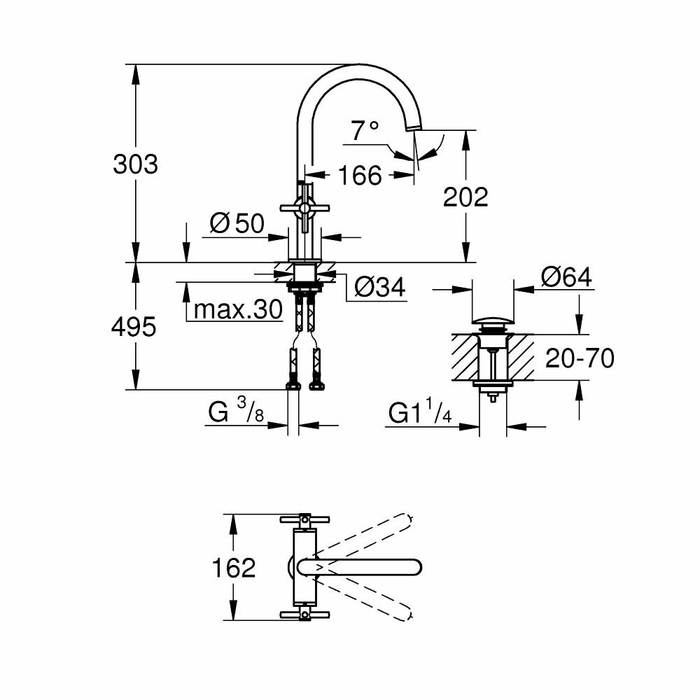 Bản vẽ kỹ thuật vòi chậu nóng lạnh Atrio 3 lỗ Grohe 21019003