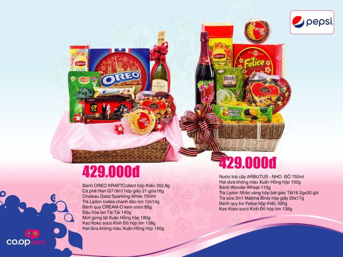 Hình ảnh đầu tiên về Siêu thị Co.opmart - không gian mua sắm hiện đại với những giỏ quà Tết đa dạng và tinh tế
