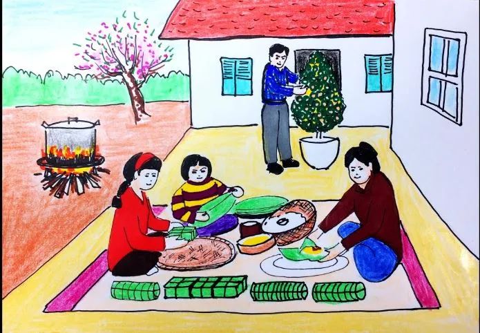 Chủ đề gói bánh chưng, ảnh 2 - Tết về, mọi người lại tề tựu bên nhau, cùng chuẩn bị những chiếc bánh chưng. Đó không chỉ là món ăn ngày Tết mà còn là biểu tượng của sự đoàn viên, sự hiếu thảo và niềm hạnh phúc trong gia đình. Những đêm dài thức trắng bên nồi bánh nghi ngút khói, tiếng cười nói vui vẻ, tất cả tạo nên một bức tranh đầy ấm áp và ý nghĩa. Đây là những kỷ niệm quý giá mà mỗi gia đình đều trân trọng mỗi khi xuân về.