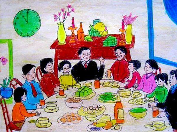 Chủ đề Gia đình sum họp ngày Tết, phiên bản 2 - Tết về, mỗi gia đình lại tụ họp, cùng nhau bày biện mâm cơm, chuẩn bị đón Tết. Những khoảnh khắc sum vầy này không chỉ đơn thuần là một bữa ăn mà là sự thể hiện của tình yêu, sự hiếu thảo, là niềm vui chân thành khi được sống bên những người thân yêu nhất. Chủ đề gia đình sum họp ngày Tết là hình ảnh tượng trưng cho sự gắn kết và hạnh phúc trọn vẹn.