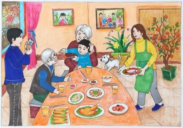 Chủ đề Gia đình sum họp ngày Tết, phiên bản 1 - Những ngày Tết, gia đình là nơi để mọi người trở về, là nơi tình thân được kết nối, là ngôi nhà ấm áp chứa đựng những khoảnh khắc vô giá. Cảnh quây quần bên mâm cơm đoàn viên, bên những câu chuyện vui vẻ, mang đến một không khí đầy yêu thương, là nguồn cảm hứng bất tận cho những bức tranh về gia đình trong dịp Tết.