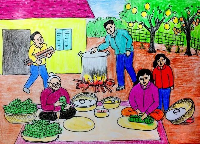 Chủ đề gói bánh chưng, ảnh 1 - Hình ảnh gia đình cùng nhau chuẩn bị bánh chưng là một hình ảnh không thể thiếu trong những ngày Tết. Cảnh tượng mẹ khéo léo gói bánh, cha và con cùng nhau canh nồi bánh tỏa hương thơm ngây ngất, tất cả tạo nên một không khí đoàn viên, ấm áp và hạnh phúc. Bánh chưng không chỉ là món ăn truyền thống, mà còn là biểu tượng của sự kính trọng tổ tiên, của tình yêu gia đình, một nét đẹp văn hóa quý báu.