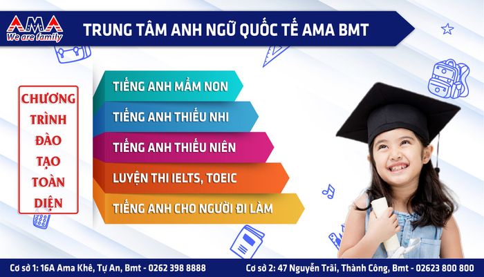 Trung Tâm Anh Ngữ AMA - Buôn Ma Thuột sở hữu đội ngũ giảng viên nhiệt huyết, thân thiện, luôn sẵn sàng lắng nghe và nắm bắt điểm mạnh yếu của học viên, từ đó xây dựng lộ trình học tập phù hợp. Với các khóa học chuyên sâu, phương pháp giảng dạy hiện đại, AMA cam kết mang đến cho bạn một nền tảng tiếng Anh vững chắc và tự tin vượt qua các kỳ thi quốc tế.