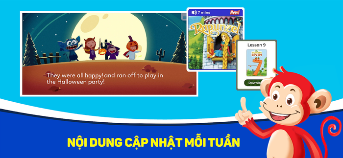 Hình ảnh minh họa các nhân vật hoạt hình trong ứng dụng Monkey Stories