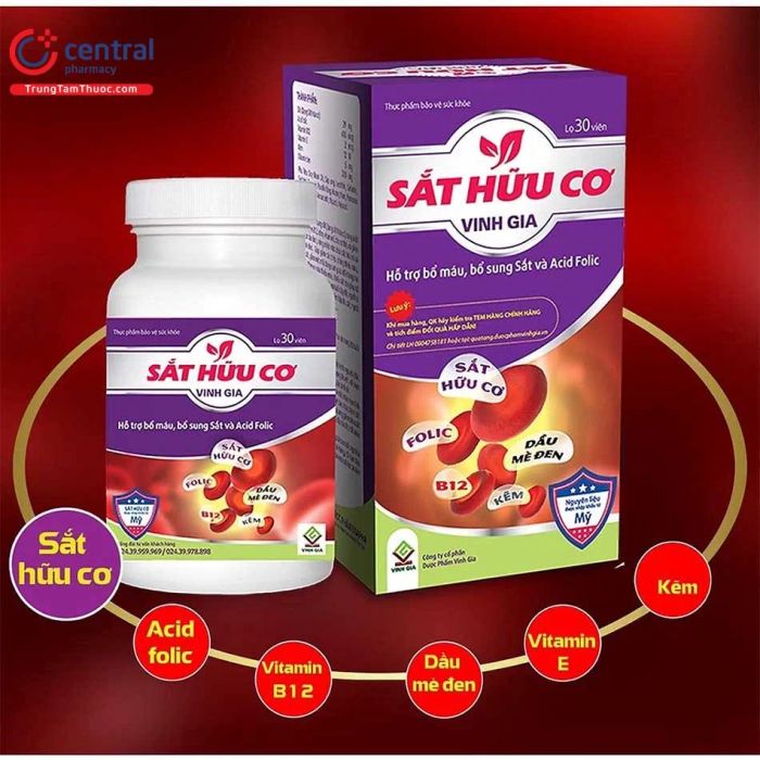 Sắt hữu cơ Vinh Gia - Hộp 30 viên (Ảnh chính hãng)