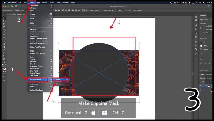Hoàn thành bước 3: Ẩn phần đối tượng bằng Clipping Mask trong AI