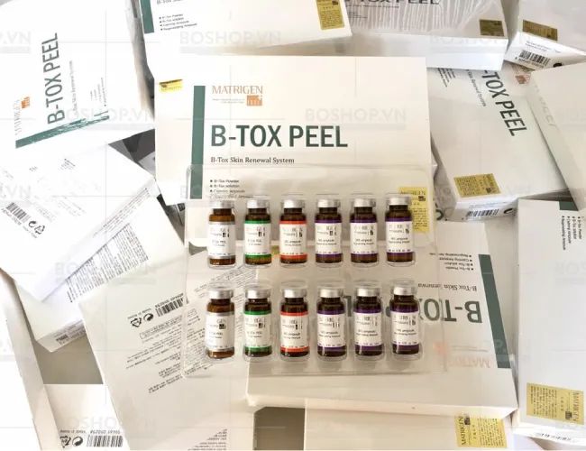 Hình ảnh thực tế Matrigen B-Tox Peel - Bộ sản phẩm đầy đủ 12 lọ với thiết kế màu sắc phân biệt rõ ràng từng công dụng.