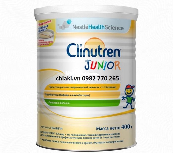Hình ảnh sản phẩm Clinutren Junior - thiết kế nổi bật với tông màu xanh dương và cam đặc trưng