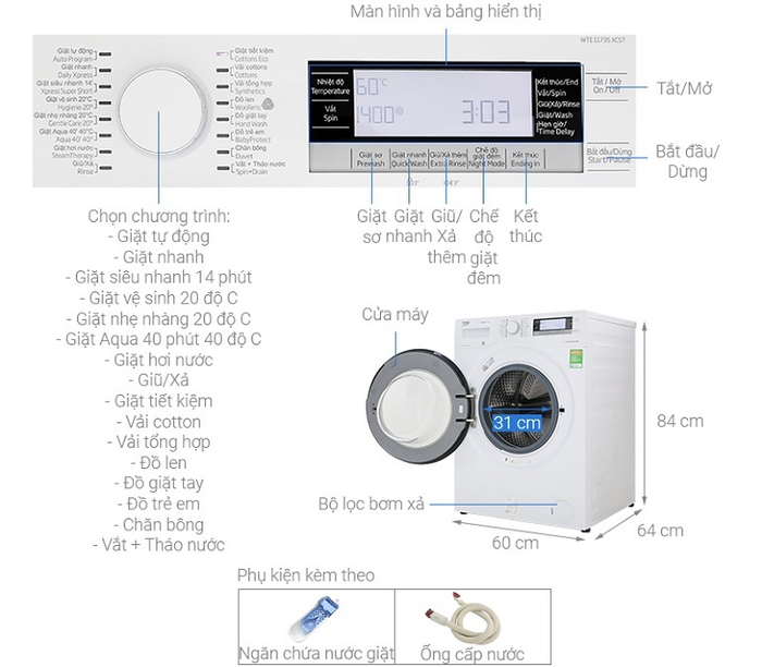 Máy giặt Beko Inverter 11kg WTE 11735 XCST