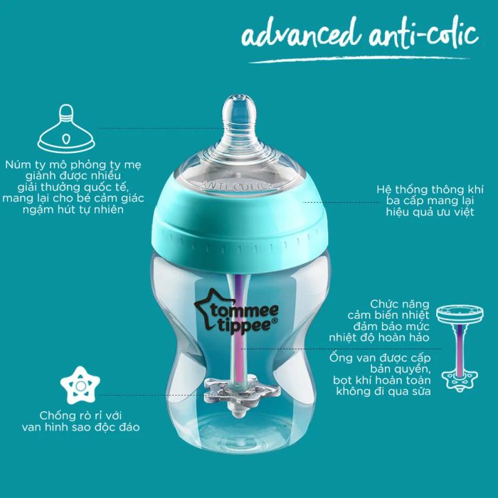Hình ảnh thực tế bình sữa Tommee Tippee Advanced Anti-Colic với công nghệ cảm biến nhiệt