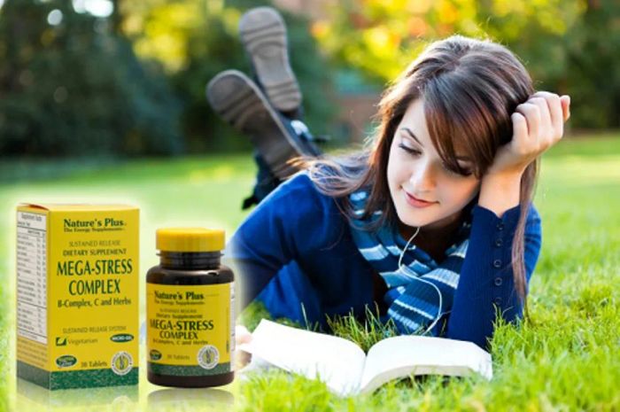 Hình ảnh chi tiết bao bì Nature's Plus Mega Stress Complex - Tiêu chuẩn chất lượng Hoa Kỳ