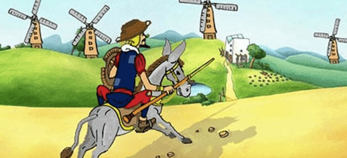 Tranh minh họa: Khoảnh khắc bi hài trong trận chiến với cối xay gió (Nguồn: internet)
