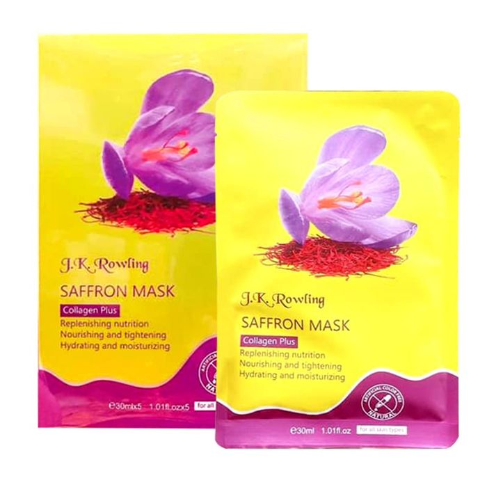 J.K Rowling Saffron Mask - mặt nạ sinh học với chiết xuất nhụy hoa nghệ tây cao cấp, hình ảnh minh họa sống động về sản phẩm.