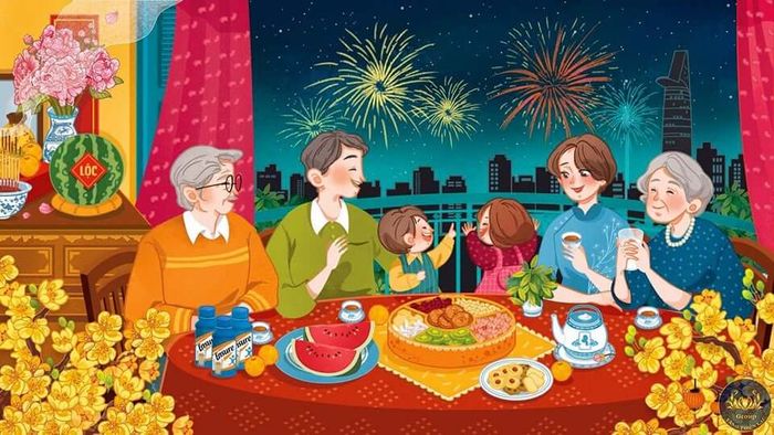 Hình ảnh minh họa sống động về không khí chợ Tết và gia đình sum họp (Nguồn: Internet)