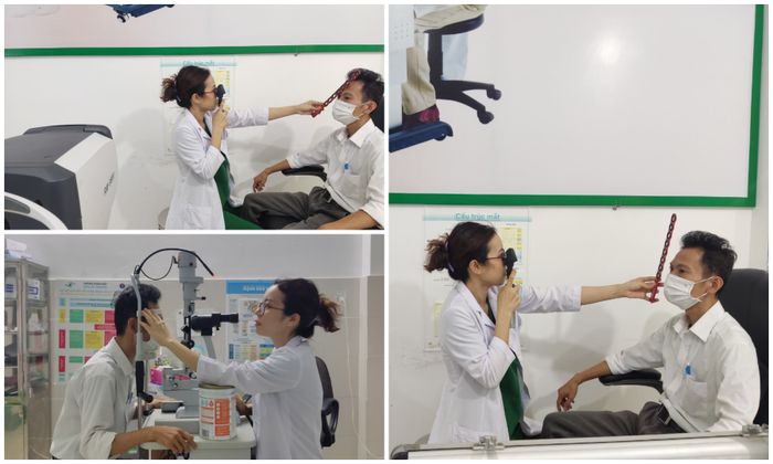 Bác sĩ Nhung trực tiếp thực hiện các xét nghiệm, như thử kính và soi bóng đồng tử, cho bệnh nhân gặp phải các vấn đề khúc xạ khó, đảm bảo chất lượng chẩn đoán chính xác.