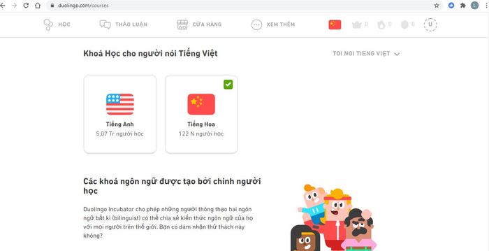 Giao diện học tập sinh động trên Duolingo