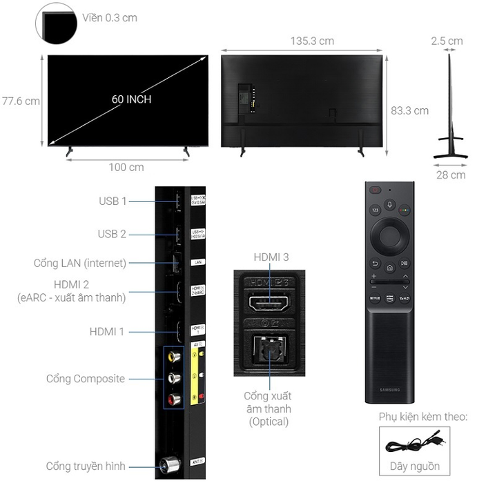 Smart Tivi Samsung 60 inch 4K UA60AU8000 kích thước màn hình