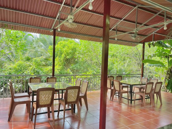 Không gian sân vườn xanh mát tại quán ăn