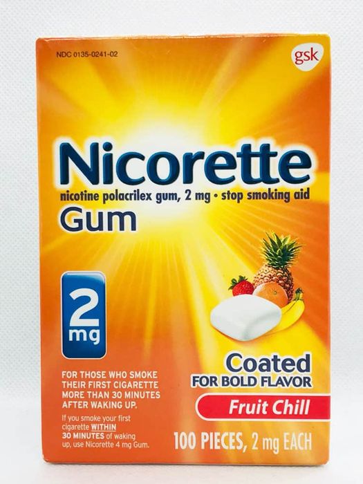 Bộ sản phẩm kẹo Nicorette Gum Fruit Chill 2mg đầy đủ bao gồm hướng dẫn sử dụng