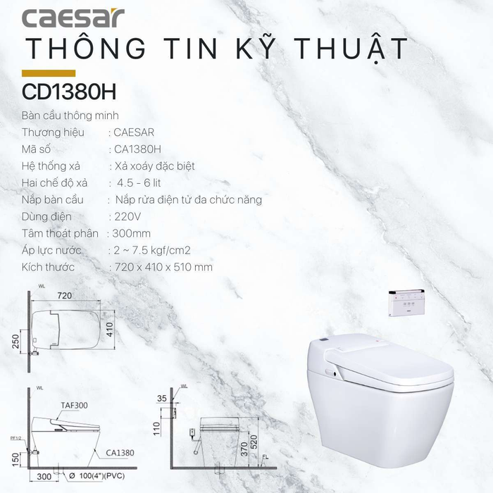 Bồn cầu điện tử thông minh CAESAR CA1380H