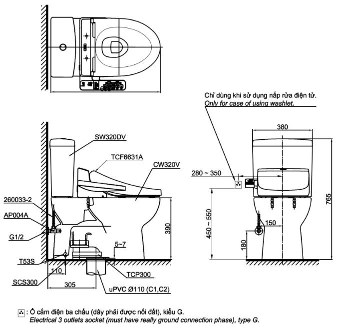 Bản vẽ kỹ thuật Bồn cầu 2 khối nắp rửa điện tử TOTO CS320DRW7
