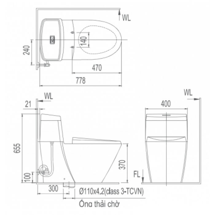 Bản vẽ kỹ thuật bồn cầu rửa điện tử Inax AC-918R+CW-KA22AVN