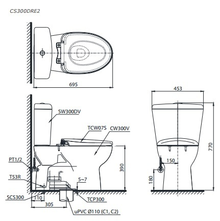 Bản vẽ kỹ thuật Bồn cầu 2 khối nắp rửa điện tử TOTO CS300DRW7