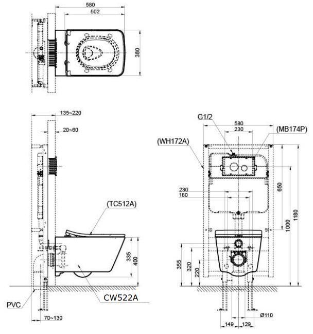 Bồn cầu treo tường nắp đóng êm TOTO CW522A/TC512A