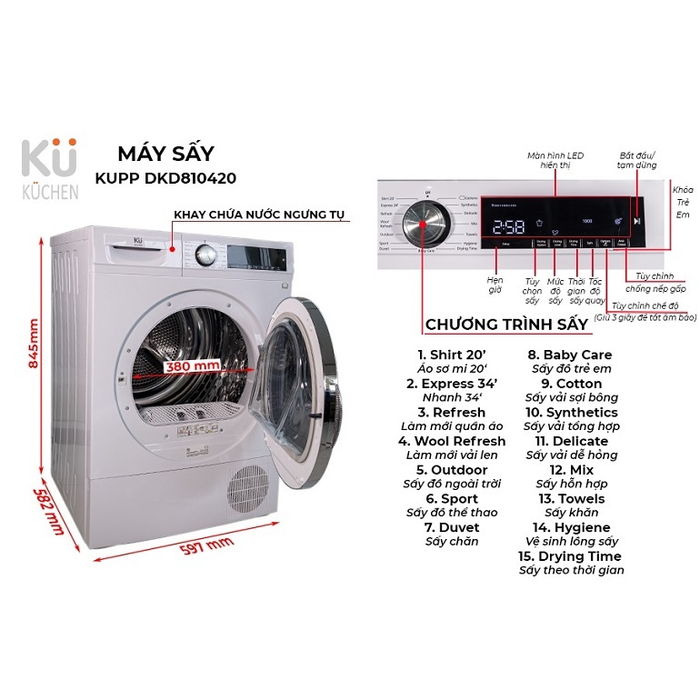 Chế độ sấy trên máy KUCHEN DKD 810420 8 kg