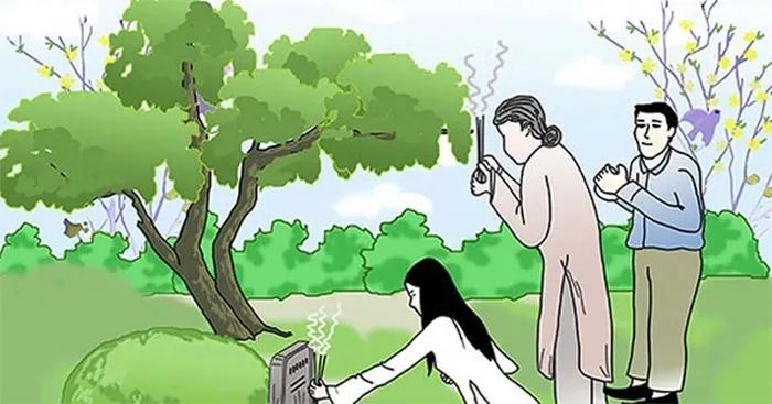 Tranh minh họa: Khung cảnh tảo mộ thanh minh với những sắc màu dịu dàng - nắng vàng nhạt, cỏ non xanh biếc, những bông hoa dại tím biếc ven đường. (Nguồn: Internet)