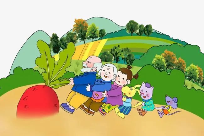 Hình ảnh minh họa: Ông lão cùng gia đình và các bạn động vật đang chung sức nhổ củ cải khổng lồ - biểu tượng của sức mạnh tập thể