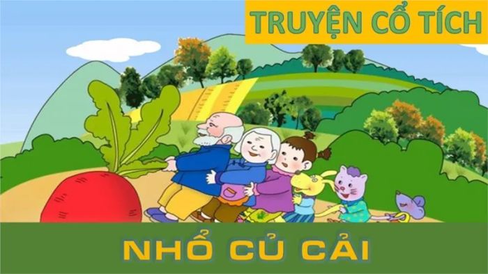 Hình ảnh sinh động: Ông lão cùng gia đình và các bạn động vật đang chung sức nhổ củ cải khổng lồ - biểu tượng của sức mạnh tập thể