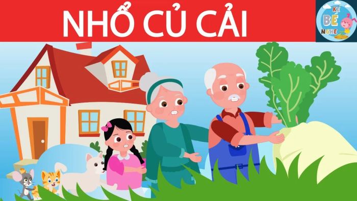 Hình ảnh minh họa: Ông lão cùng đại gia đình (người và vật nuôi) đang chung sức nhổ củ cải khổng lồ - biểu tượng của sức mạnh tập thể