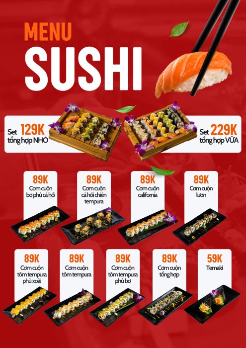 Menu nhà hàng - Bức tranh ẩm thực sống động với những món ăn được trình bày như tác phẩm nghệ thuật đầy màu sắc.