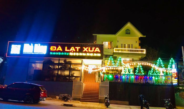 DALAT XƯA ảnh 1: Không gian cổ kính với những chiếc đèn lồng đỏ rực, bàn ghế gỗ mộc mạc và view đồi thông xanh ngát - bức tranh Đà Lạt thu nhỏ