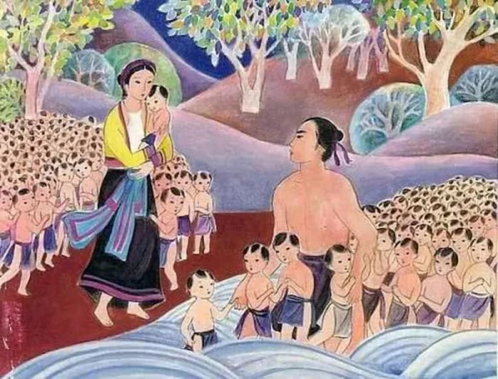 Tranh minh họa số 1: Bức họa Lạc Long Quân uy nghi giữa biển cả với thân rồng cuộn sóng, đối diện nàng Âu Cơ áo xiêm rực rỡ trên đỉnh non cao