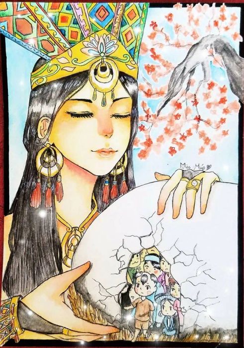 Tranh minh họa phiên bản đặc biệt: Cảnh đoàn quân trăm người con chia đôi ngả - một nửa lướt sóng tiến về biển Đông, nửa kia vượt đèo chinh phục đại ngàn, phía sau là hình ảnh cha Rồng mẹ Tiên ban phúc lành