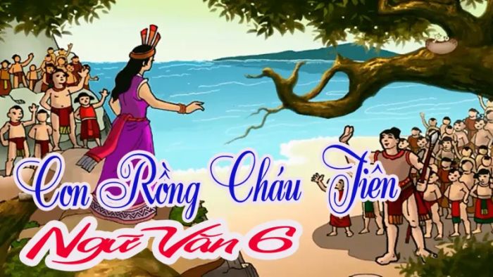 Tranh minh họa số 1: Bức họa thần thoại mô tả Lạc Long Quân trong dáng vẻ uy nghi với thân rồng cuộn sóng, tay cầm đinh ba dẹp yêu quái, phía xa là bóng dáng Âu Cơ lộng lẫy giữa mây ngàn