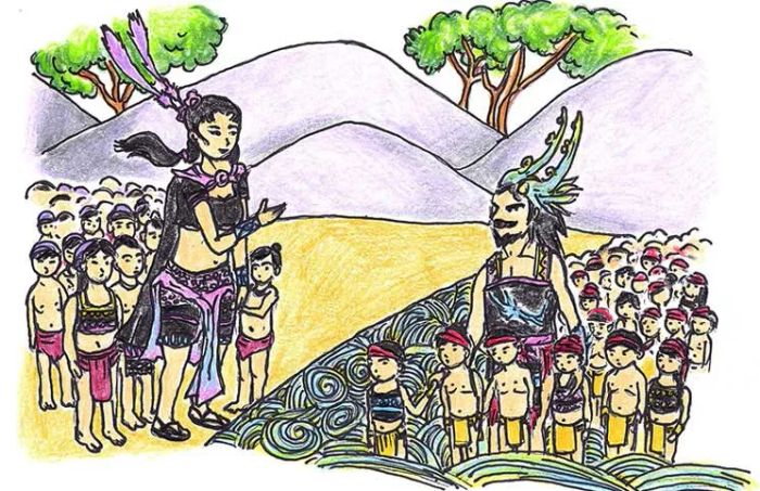 Hình ảnh minh họa số 1: Bức tranh nghệ thuật về Lạc Long Quân và Âu Cơ trong khung cảnh thần thoại