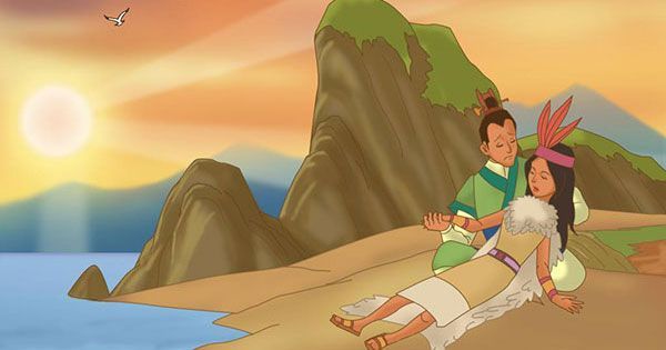Tranh minh họa số 1: Cảnh An Dương Vương nhận lẫy thần từ Rùa Vàng