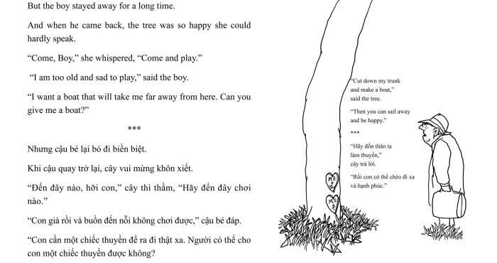 Cây Táo Yêu Thương - The Giving Tree ảnh 2 - Bức tranh minh họa đầy ám ảnh về gốc cây trơ trụi cuối cùng, nơi tình yêu thương vẫn tỏa sáng dù chỉ còn lại một khúc gỗ mục.