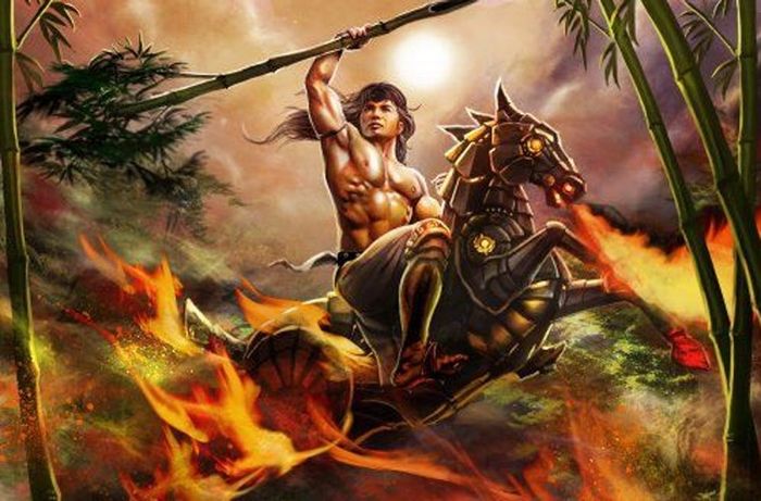 Tranh minh họa: Thánh Gióng oai phong cưỡi ngựa sắt phun lửa (Nguồn: Bảo tàng Mỹ thuật Việt Nam)